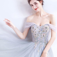 Gray tulle lace long prom dress off shoulder evening dress - Thumbnail 2