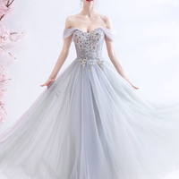 Gray tulle lace long prom dress off shoulder evening dress - Thumbnail 5