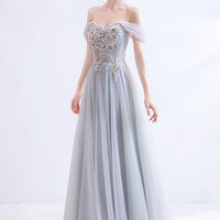 Gray tulle lace long prom dress off shoulder evening dress - Thumbnail 6