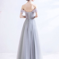 Gray tulle lace long prom dress off shoulder evening dress - Thumbnail 7
