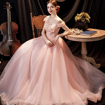 Pink lace long a-line prom dress pinke evening dress - Thumbnail 1