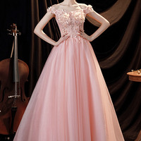 Pink lace long A-line prom dress pinke evening dress - Thumbnail 1