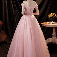 Pink lace long A-line prom dress pinke evening dress - Thumbnail 2