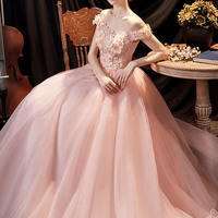 Pink lace long A-line prom dress pinke evening dress - Thumbnail 4