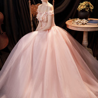 Pink lace long A-line prom dress pinke evening dress - Thumbnail 5