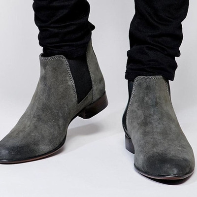Handmade gray suede ankle high chelsea boot, men's dress leather boot - Thumbnail 2