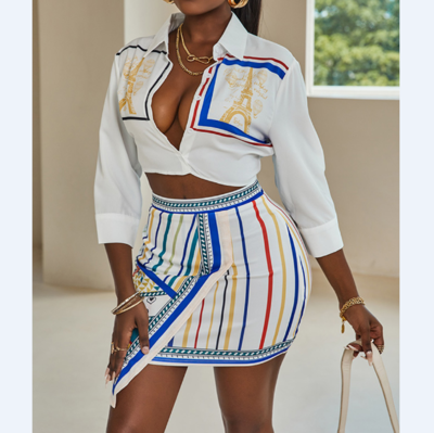 White Print Casual Long Sleeve Dress Set