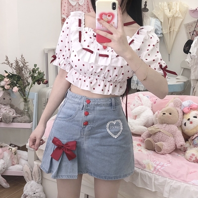 Japanese Spring Summer Heart Love Red Button Bow Lace Embroidery Blue Denim Mini Short Skirt