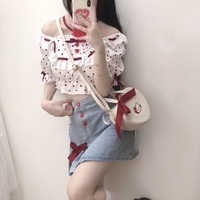 Japanese Spring Summer Heart Love Red Button Bow Lace Embroidery Blue Denim Mini Short Skirt - Thumbnail 1