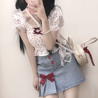 Japanese Spring Summer Heart Love Red Button Bow Lace Embroidery Blue Denim Mini Short Skirt - Thumbnail 2