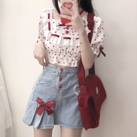 Japanese Spring Summer Heart Love Red Button Bow Lace Embroidery Blue Denim Mini Short Skirt - Thumbnail 3