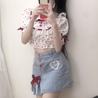 Japanese Spring Summer Heart Love Red Button Bow Lace Embroidery Blue Denim Mini Short Skirt - Thumbnail 5