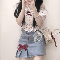Japanese Spring Summer Heart Love Red Button Bow Lace Embroidery Blue Denim Mini Short Skirt - Thumbnail 7