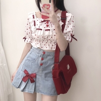 Japanese Spring Summer Heart Love Red Button Bow Lace Embroidery Blue Denim Mini Short Skirt - Thumbnail 8
