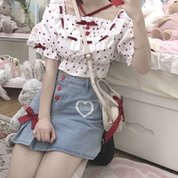 Japanese Spring Summer Heart Love Red Button Bow Lace Embroidery Blue Denim Mini Short Skirt - Thumbnail 9