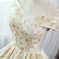 Champagne satin lace long ball gown formal gown - Thumbnail 1