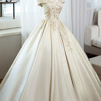 Champagne satin lace long ball gown formal gown - Thumbnail 2