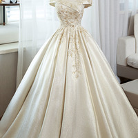 Champagne satin lace long ball gown formal gown - Thumbnail 5