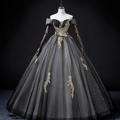 Black tulle lace long ball gown balck evening gown - Thumbnail 3