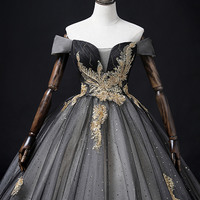 Black tulle lace long ball gown balck evening gown - Thumbnail 1