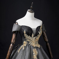 Black tulle lace long ball gown balck evening gown - Thumbnail 2