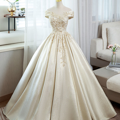 Champagne satin lace long ball gown formal gown - Thumbnail 1