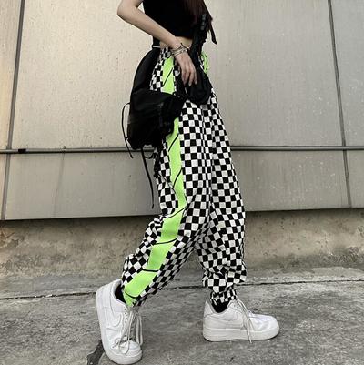 90s Checker Neon Color Block Casual Jogger Pants