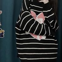 Love Heart Embroidery Black White Stripe Knit Sweater - Thumbnail 2
