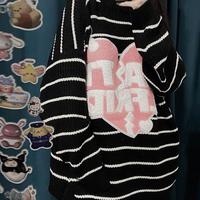 Love Heart Embroidery Black White Stripe Knit Sweater - Thumbnail 3