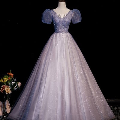Blue v-neck tulle beaded long prom gown dress - Thumbnail 2