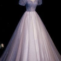 Blue V-neck tulle beaded long prom gown dress - Thumbnail 2