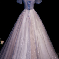 Blue V-neck tulle beaded long prom gown dress - Thumbnail 3
