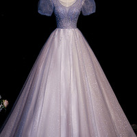 Blue V-neck tulle beaded long prom gown dress - Thumbnail 4