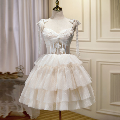 Champagne tulle lace short prom dress homecoming dress - Thumbnail 2