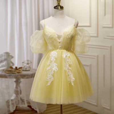 Yellow tulle lace short prom dress a-line party dress - Thumbnail 2