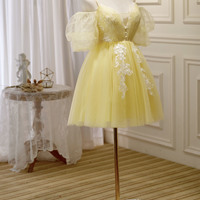 Yellow tulle lace short prom dress A-line party dress - Thumbnail 2