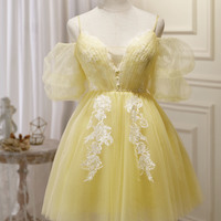 Yellow tulle lace short prom dress A-line party dress - Thumbnail 5