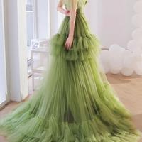 Mermaid V Neck Green Tulle Long Prom Dress - Thumbnail 1