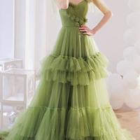Mermaid V Neck Green Tulle Long Prom Dress - Thumbnail 2