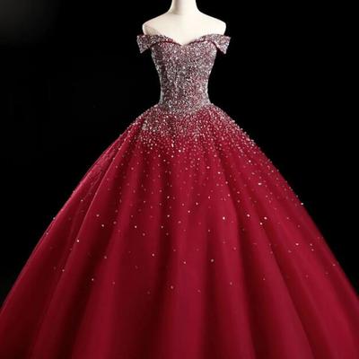 Off shoulder burgundy tulle sequin prom dress - Thumbnail 3
