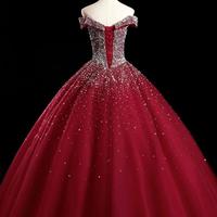 Off Shoulder Burgundy Tulle Sequin Prom Dress - Thumbnail 2