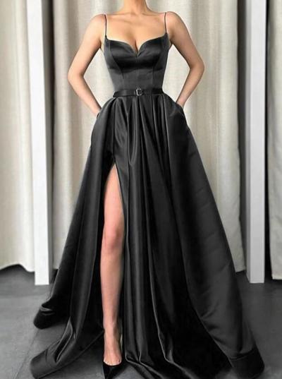 A Line Straps Floor Length Black Stain Prom Dress With Split