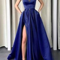 A Line Straps Floor Length Black Stain Prom Dress With Split - Thumbnail 1