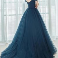 Off Shoulder V Neck Tulle Prom Dresses - Thumbnail 1