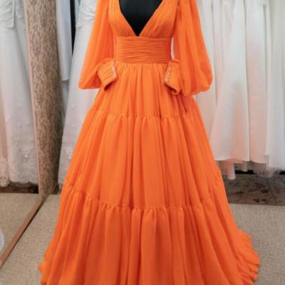 Vintage long sleeves v neck party evening gowns - Thumbnail 4