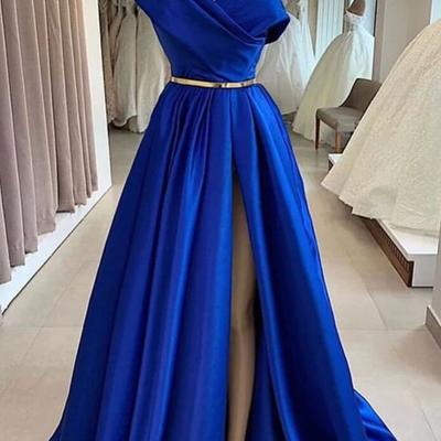 A line one shoulder royal blue long evening dresses with slit - Thumbnail 2