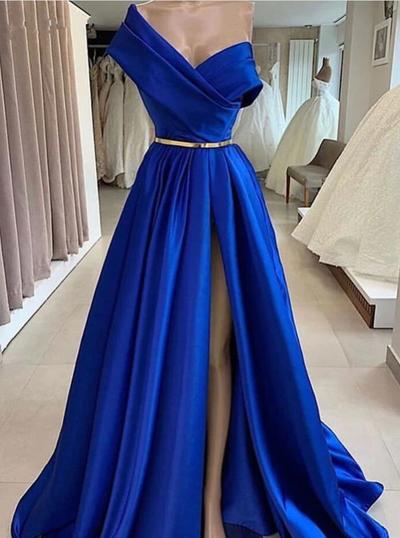 A Line One Shoulder Royal Blue Long Evening Dresses with Slit