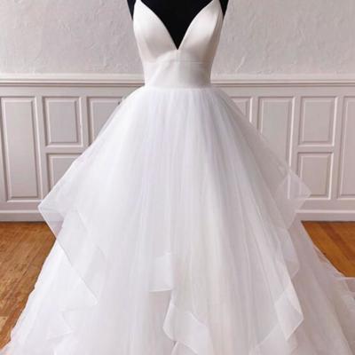 A line white v neck tulle long prom dress - Thumbnail 3