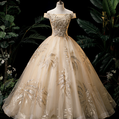 Champagne lace sequins long ball gown formal gown - Thumbnail 1