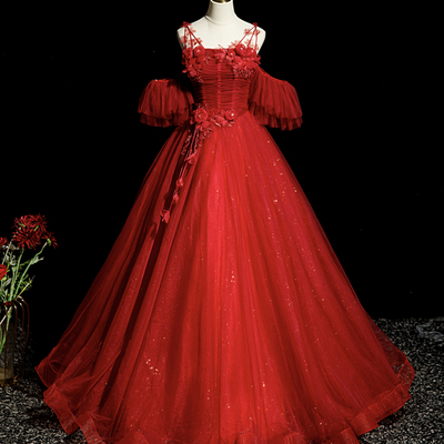 Red tulle long a-line ball gown formal gown - Thumbnail 1
